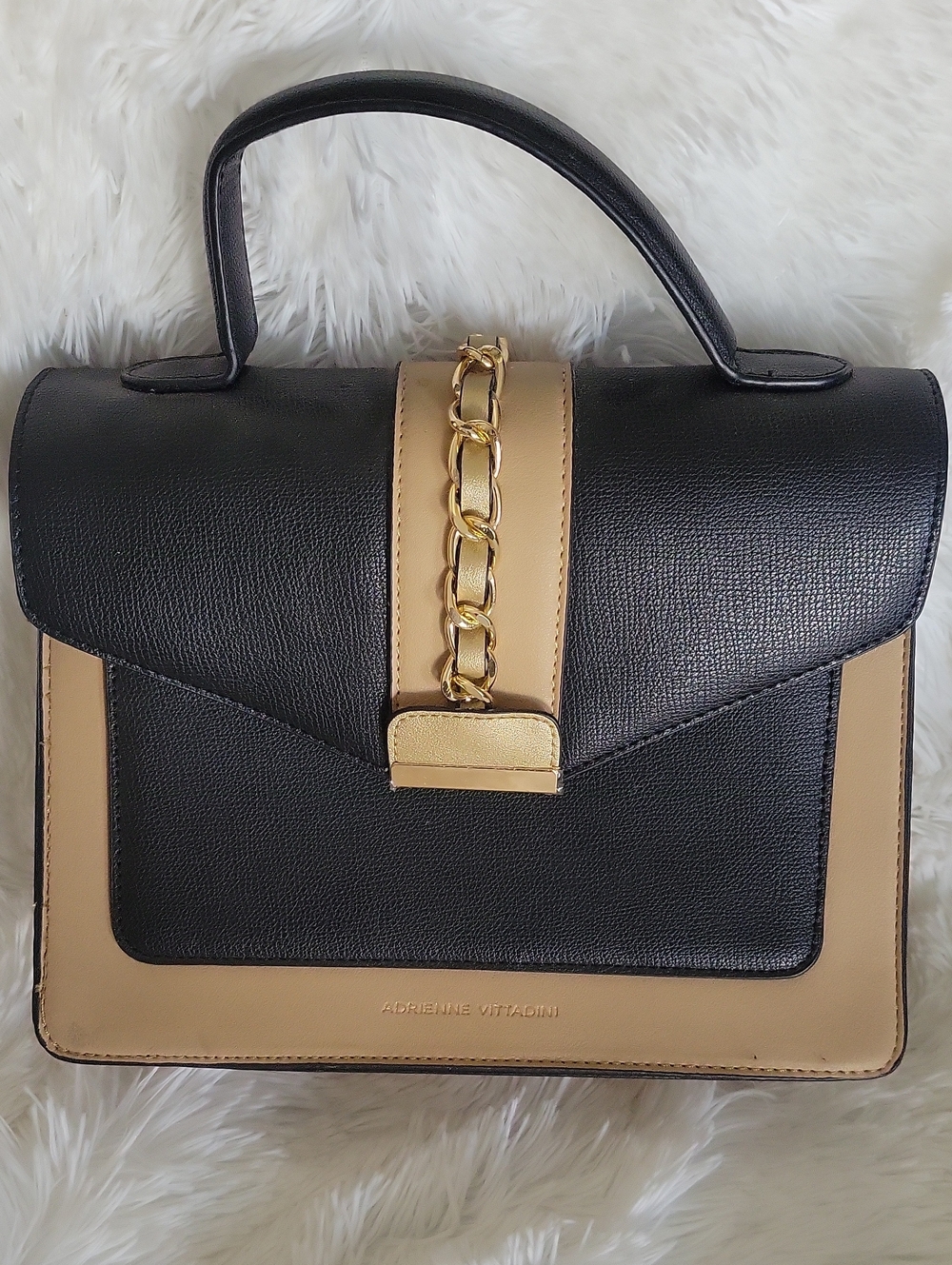 Adrienne Vittadini Black and Beige Chain-Accent Top Handle Satchel. No Strap